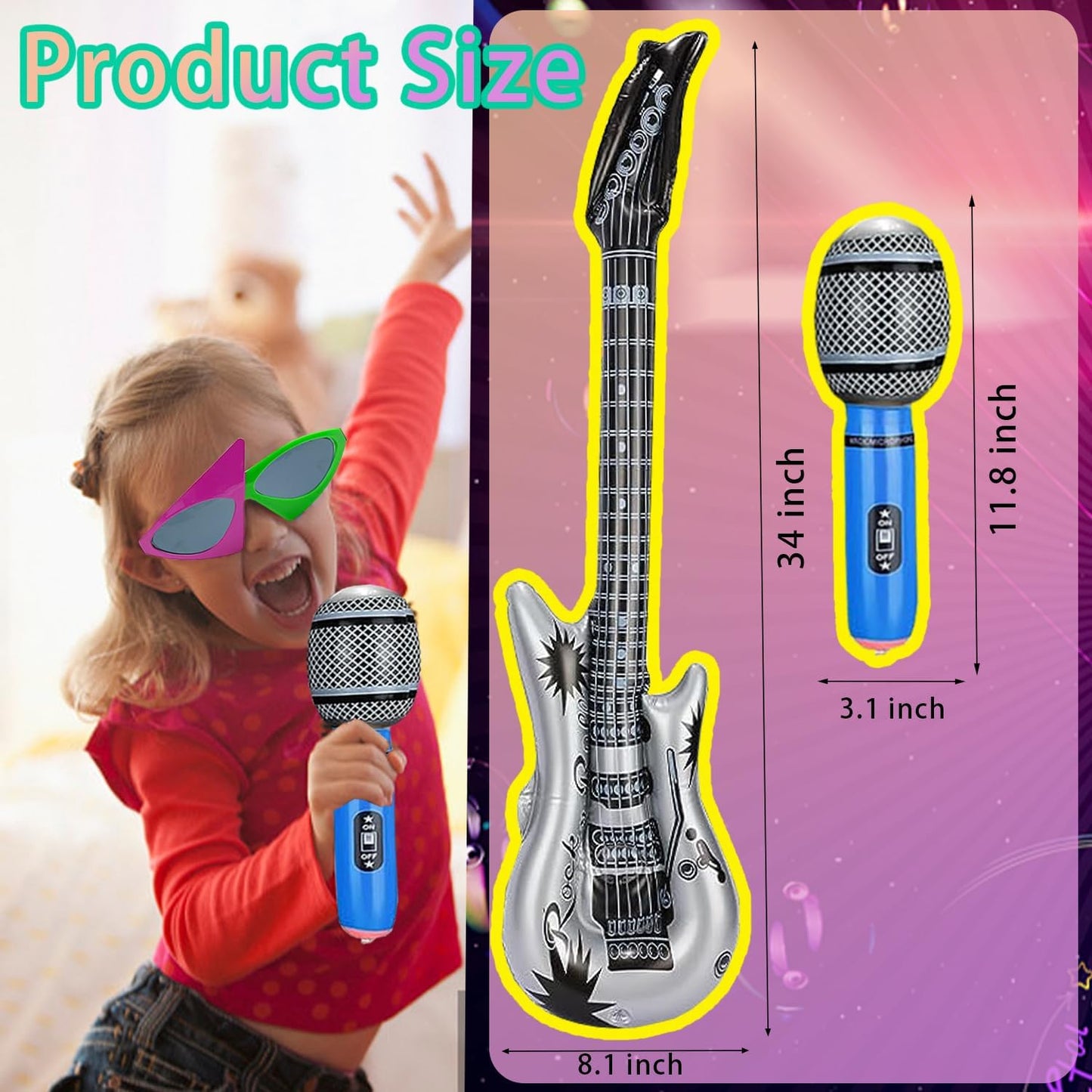 Large Rock Star Funny Sunglasses Set, Rock and Roll Party Funny Music Sunglasses, Inflatable Guitar Microphone for 70s, 80s, 90s, Music Party, Photo Booth Props for Carnival Rock and Roll Party