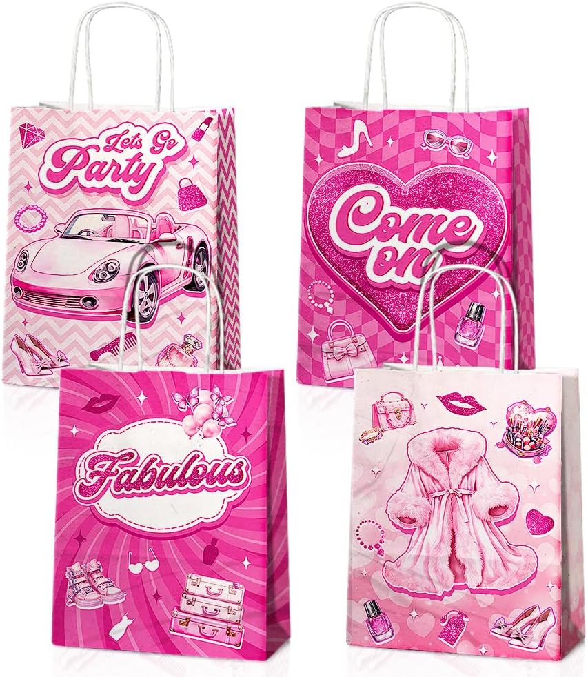 24 Pcs Princess Party Favor Bags with Handles - Pink Goodie Bags Gift Bags. Princess Theme Candy Bags for Kids, Kraft Paper Bags for Birthday Party Supplies and Baby Shower Decorations.