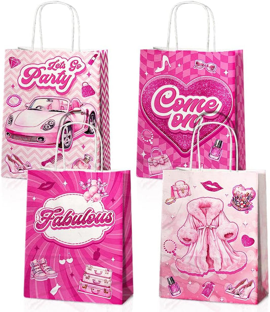 24 Pcs Princess Party Favor Bags with Handles - Pink Goodie Bags Gift Bags. Princess Theme Candy Bags for Kids, Kraft Paper Bags for Birthday Party Supplies and Baby Shower Decorations.