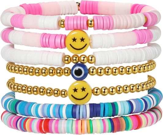 Preppy Bracelets Set Colorful White Gold Smile Heart Star Polymer Beaded Pearl Clay Stackable Charm Y2K Kidcore Aesthetic Summer Beach Bohemian Stretch Layering Bracelets Jewelry for Girls Women Teens