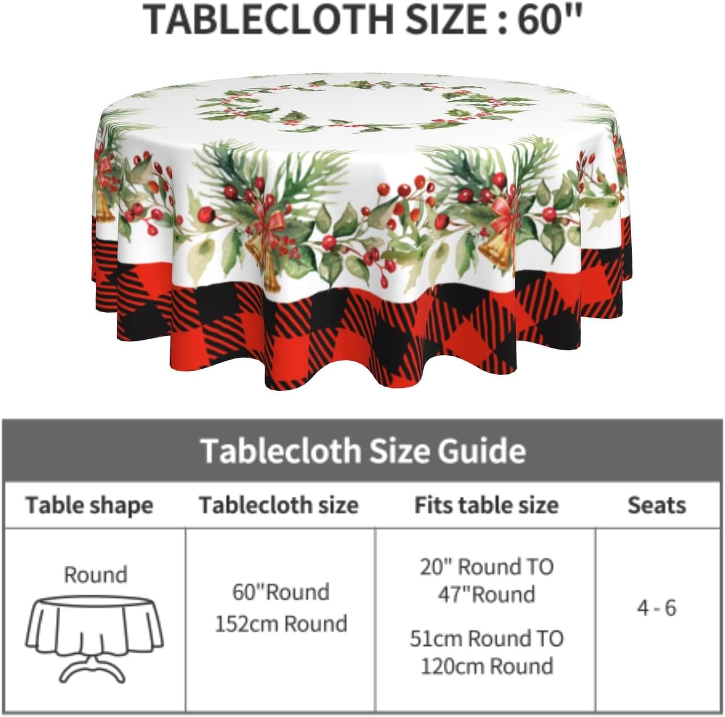 Giwawa Christmas Round Tablecloth for Kitchen Dining, 60Inch Xmas Holly Berries Bells Bows Table Cloth, Red Black Buffalo Plaids Non-Slip Table Cover for Holiday Picnic Tabletop Decor