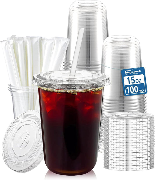 Homestockplus 15 oz Clear PET Plastic Cups with Lids and Straws - 100 Pack Leak-Proof Disposable Plastic Coffee Cups Iced Coffee Cups for Smoothies, Bubble Tea & To-Go Cold Drinks