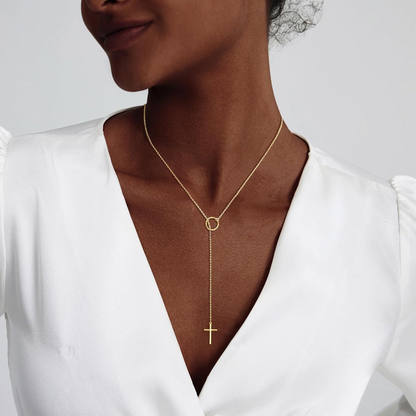 Lariat Gold Necklace for Women, Dainty Long Necklace 14k Gold Plated/Silver Y-Shaped Layered Beaded Chain Drop Necklaces for Women Trendy Simple Gold Jewelry for Women Gifts