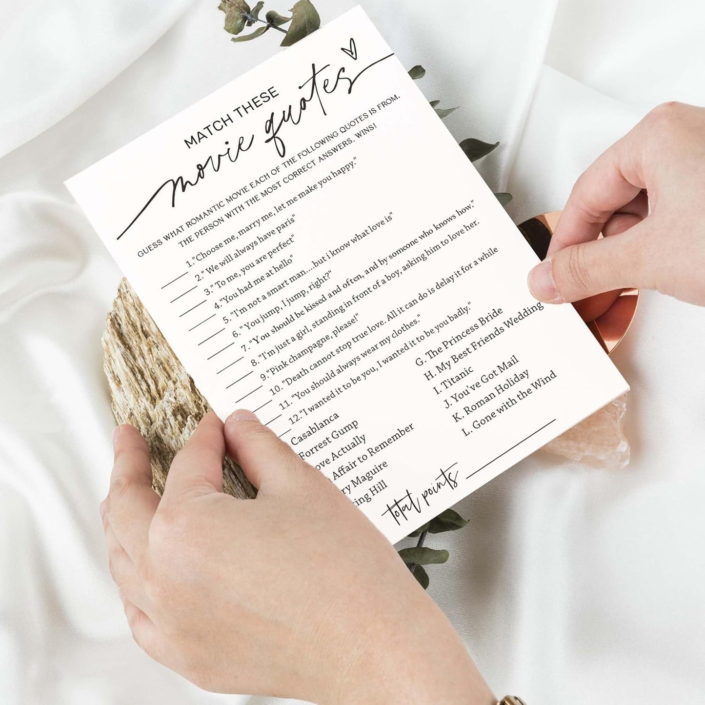 Wedding Shower Games Cards, Match These Movie Quotes, 25 Game Cards with 1 Answer Card, Engagement Party Wedding Games for Guests, Minimalist White Wedding Party Supplies - A09