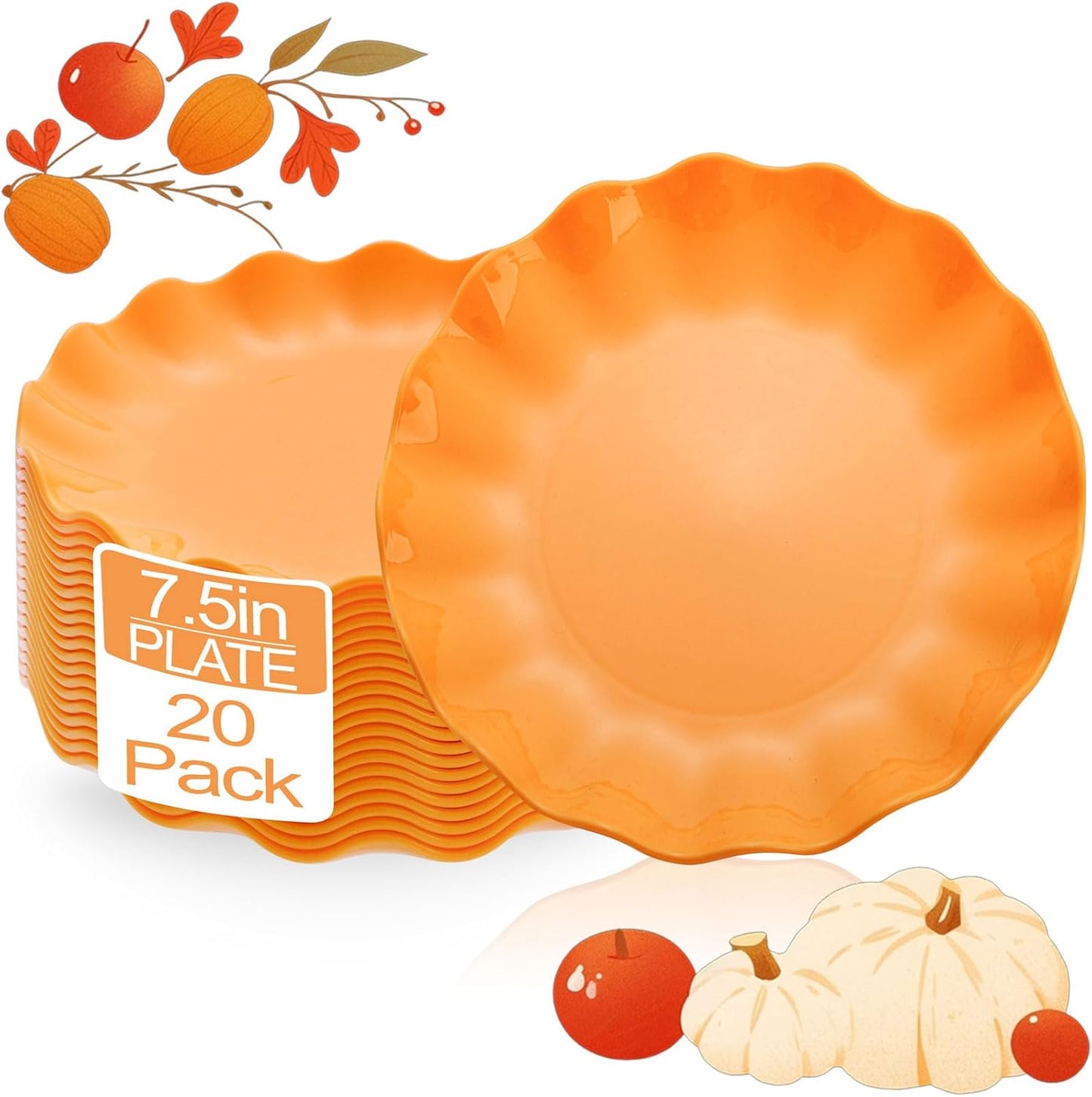 LIYH 20 Pcs 7.5 Inch Orange Plastic Plates Reusable - Unbreakable Dessert Scalloped Plates-Dishwasher Safe for Halloween & Thanksgiving Party BPA Free