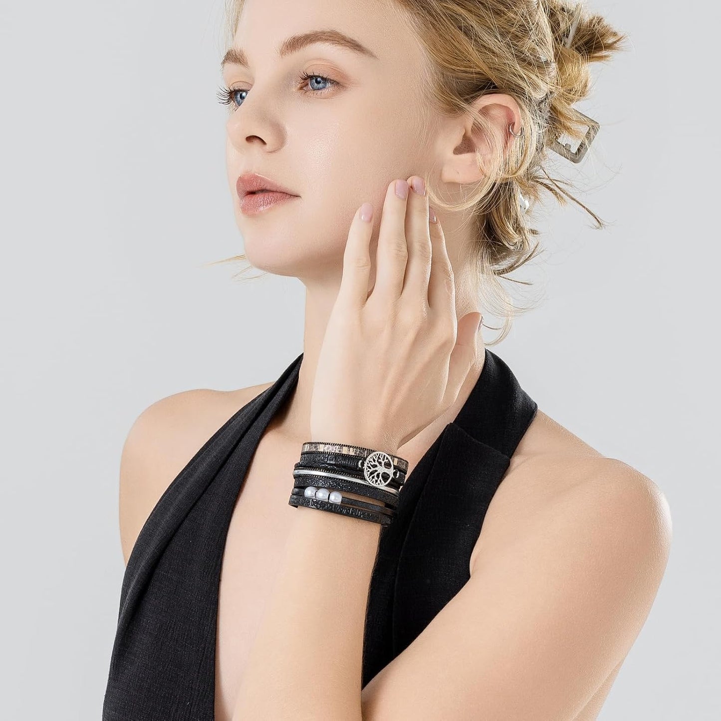 FANCY SHINY Tree of Life Leather Wrap Bracelet Inspirational Cuff Bangles Boho Pearl Bracelets with Magnetic Clasp Unique Jewelry Gifts for Women