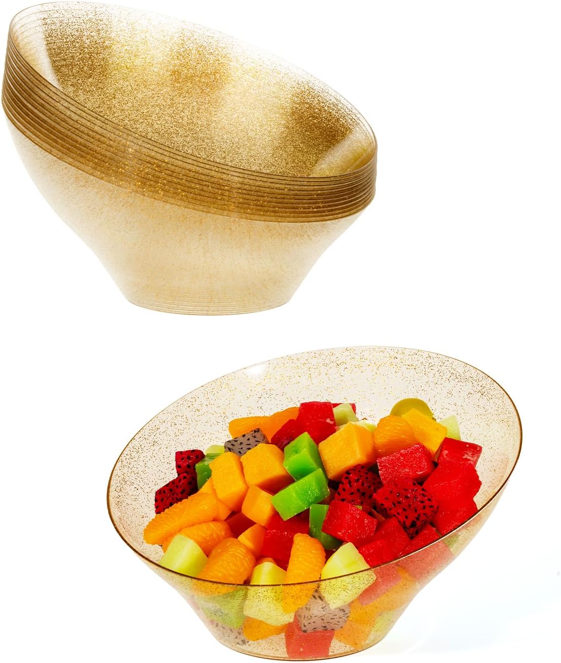 BESTVIP 20oz Clear with Gold Glitter Serving Bowls for Party - 12 Pack Angled Disposable Serving Bowls for Chips, Snacks, Fruit, Salad - Decorative Catering Bowls for Daily Use, Christmas