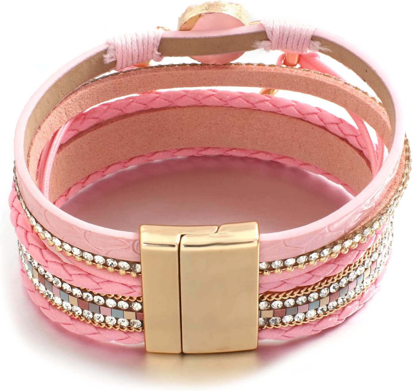 Leather Wrap Bracelet for Women Beaded Cuff Bracelet with Heart-shape Decor Bohemian Crystal Bracelet Jewelry with Clasp Bangle Bracelet for Women Girls Birthday Holiday Gift