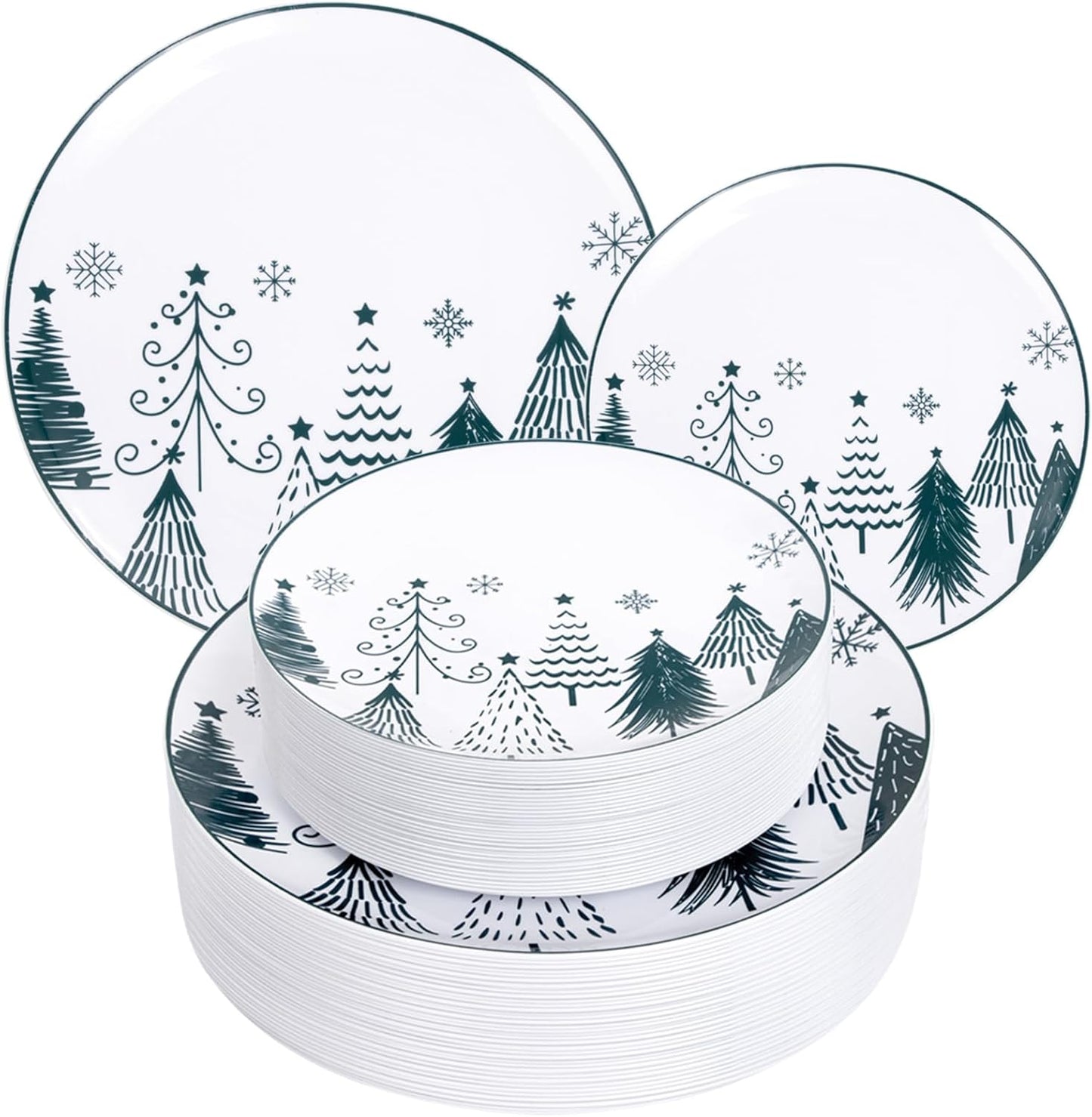 FLOWERCAT 100PCS Christmas Plates & Christmas Tree Plates - Heavy Duty Christmas Plastic Plates Disposable for Party - Include 50PCS 10.25inch Christmas Dinner Plates - 50PCS 7.5inch Dessert Plates