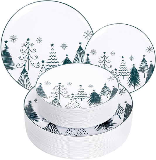 FLOWERCAT 100PCS Christmas Plates & Christmas Tree Plates - Heavy Duty Christmas Plastic Plates Disposable for Party - Include 50PCS 10.25inch Christmas Dinner Plates - 50PCS 7.5inch Dessert Plates