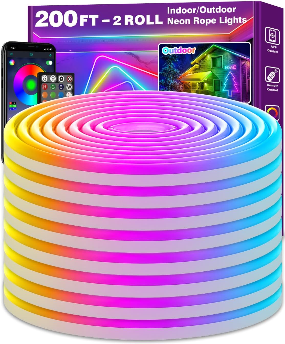 AILBTON 200FT Led Neon Rope Lights Control with App/Remote,Flexible Led Rope Light,Multiple Modes,IP65 Outdoor RGB Lights Waterproof,Music Sync Gaming Led Neon Strip Light for Bedroom Decor