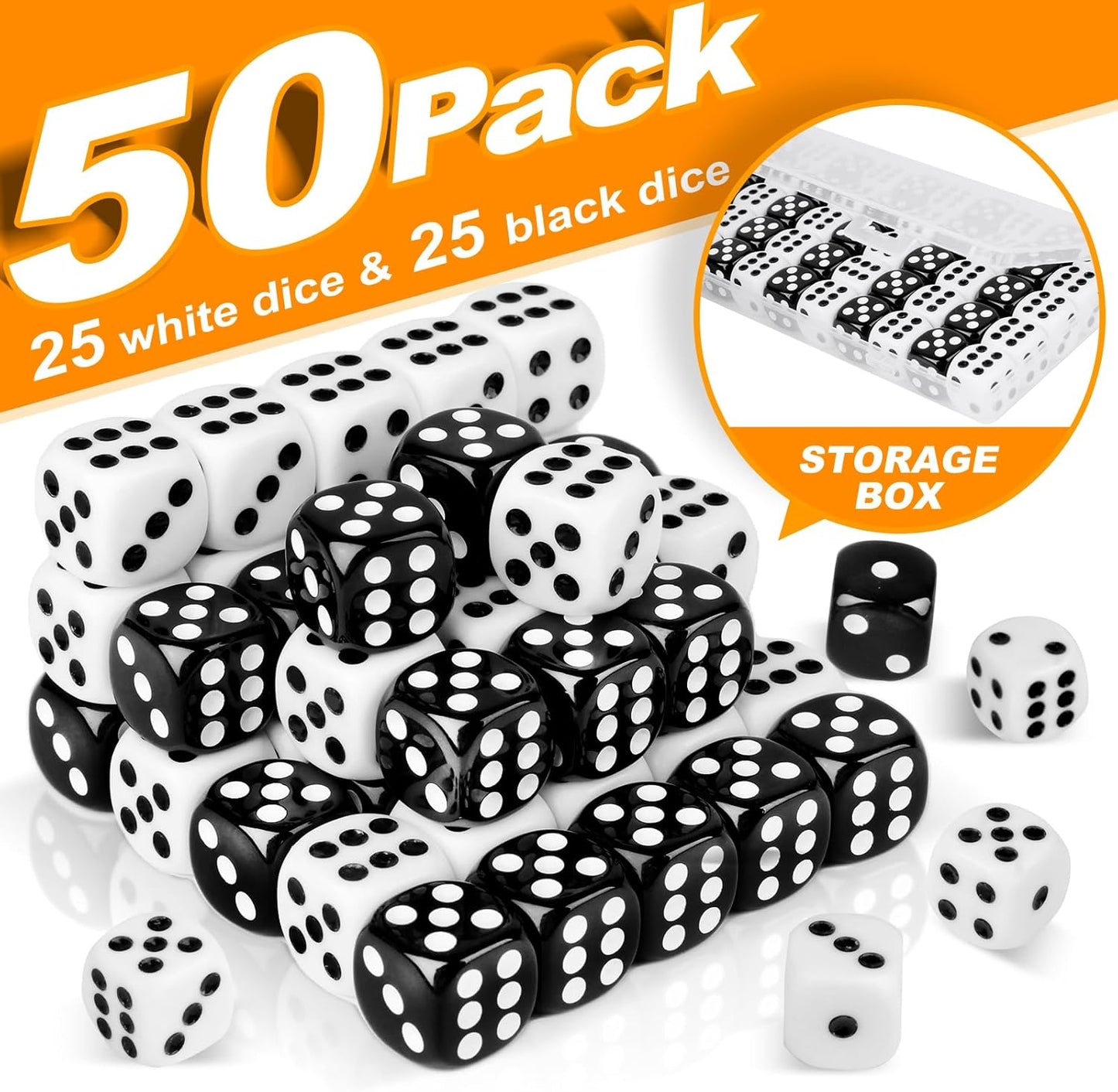 50 Pieces White Black Dice Set (16mm 6-Sided) - 25 White Dice and 25 Black Dice with Bold Pips for Board Games, Math Learning, Educational Activities, Family Game Nights