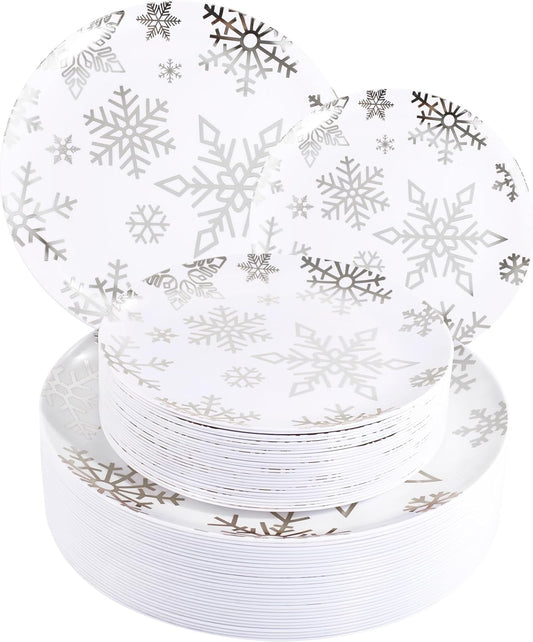 WDF 50 Pieces Plastic Christmas Plates - White and Silver Plates with Snowflake include 25 Dinner Plates, 25 Salad Plates - Disposable Silver Plastic Plates for Christmas Party, Winter