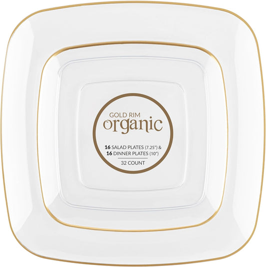 PLASTICPRO Square Clear Plastic Organic Design Party Plates includes 16 7.25'' & 16 10'' Premium heavyweight Elegant Disposable Tableware Dishes