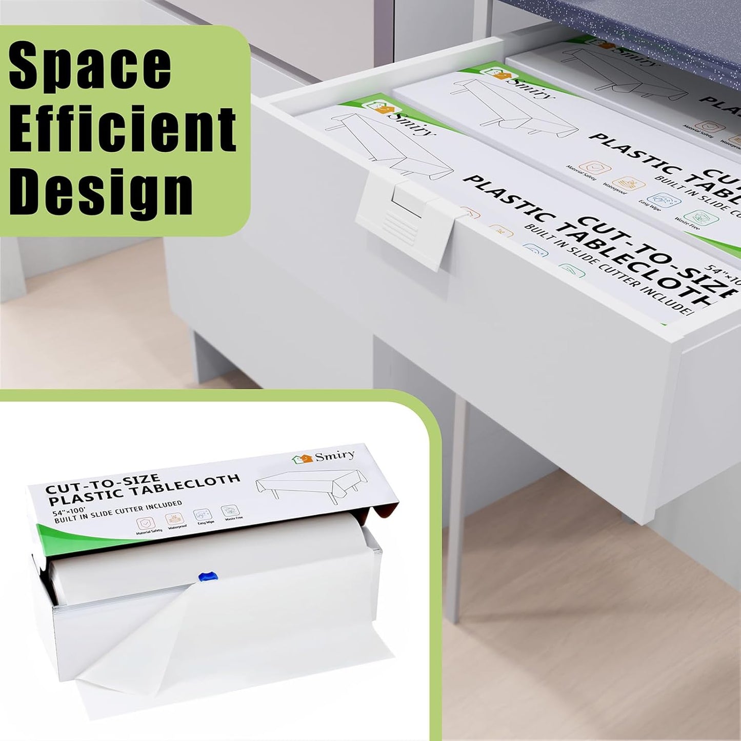 Smiry 54 Inch x 100 Feet Disposable Table Cover Roll, White Plastic Table Cloth in Cut-to-Size Box with Slide Cutter, Waterproof Rectangle Tablecloths for Weddings, Banquets, Outdoor