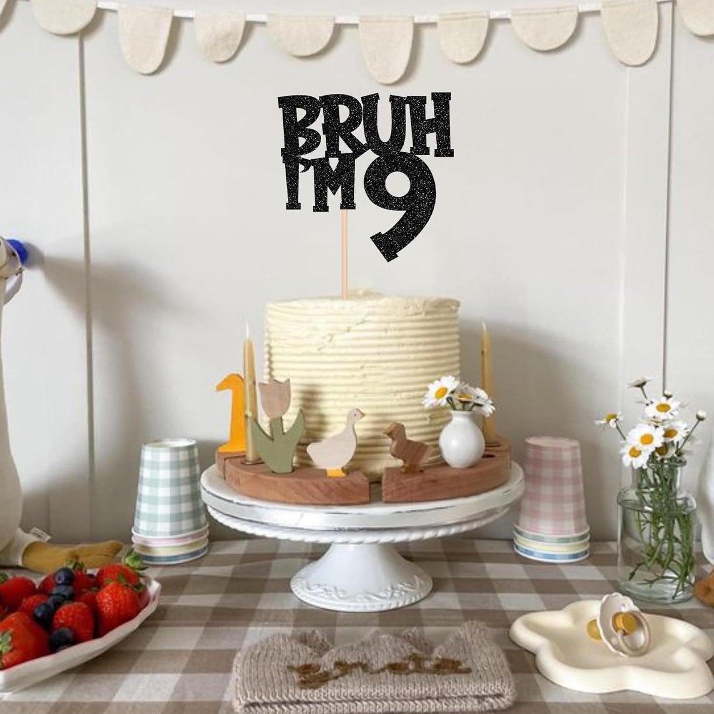 1 PCS Bruh I'm 9 Cake Topper Black Glitter Happy 9th Birthday Cake Pick Bro I'm 9 It's My 9th Birthday Cake Decoration for Cheers to 9 Years Birthday Party Decorations Supplies