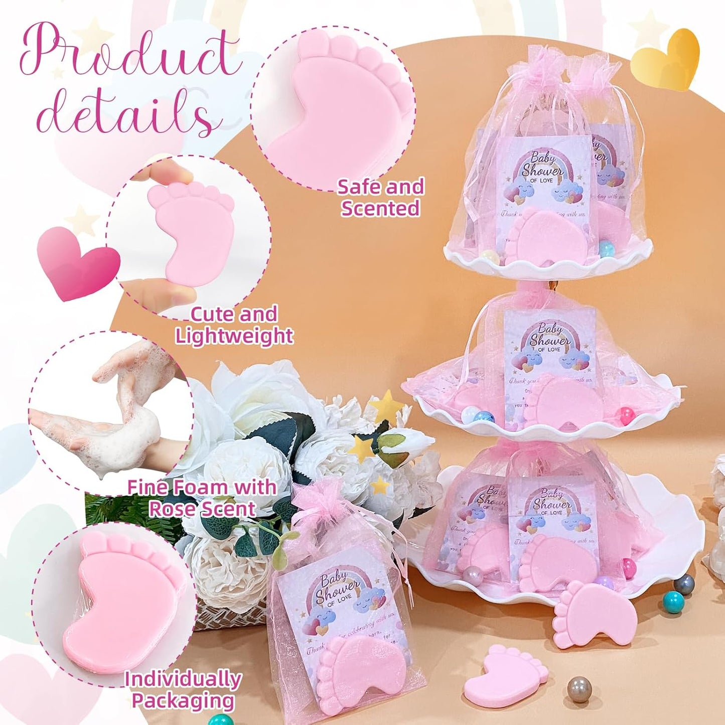 100 Sets Baby Shower Favors Refreshing Foot Soap Perfect Baby Shower Favors for Guests, Gifts, and Prizes with Organza Bags Thanks Cards (Pink)