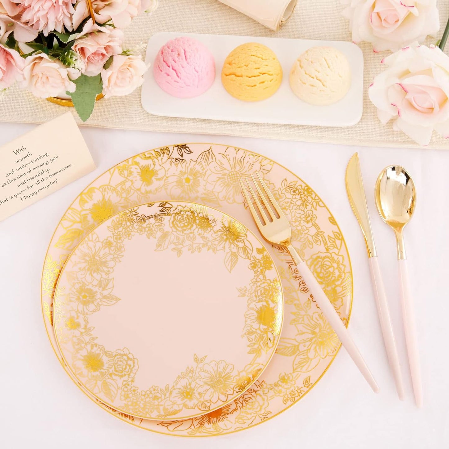 LIYH 60 Pcs Pink and Gold Plastic Plates - Disposable Pink Party Plates, Dessert & Dinner Plate, Baby Shower Bridal Shower Floral Fairy Plate for Birthday Tea Party