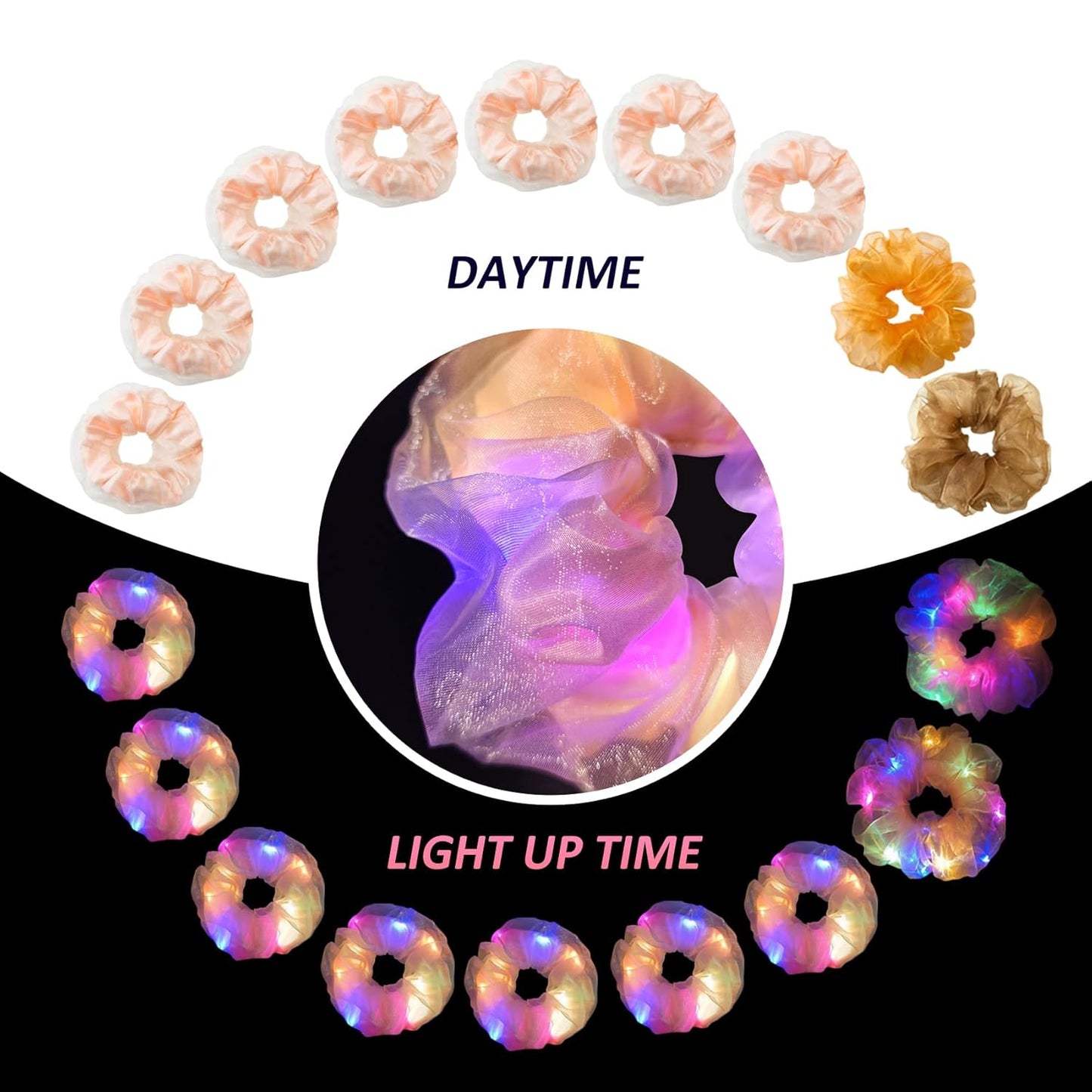 Light Up Scrunchies, Double-layer LED Scrunchy Hair Ties Glow in the Dark Party Supplies Glow Sticks Party Favor Festival Rave Accessories for Women Neon Party Gifts(9PCS-Pink Set)