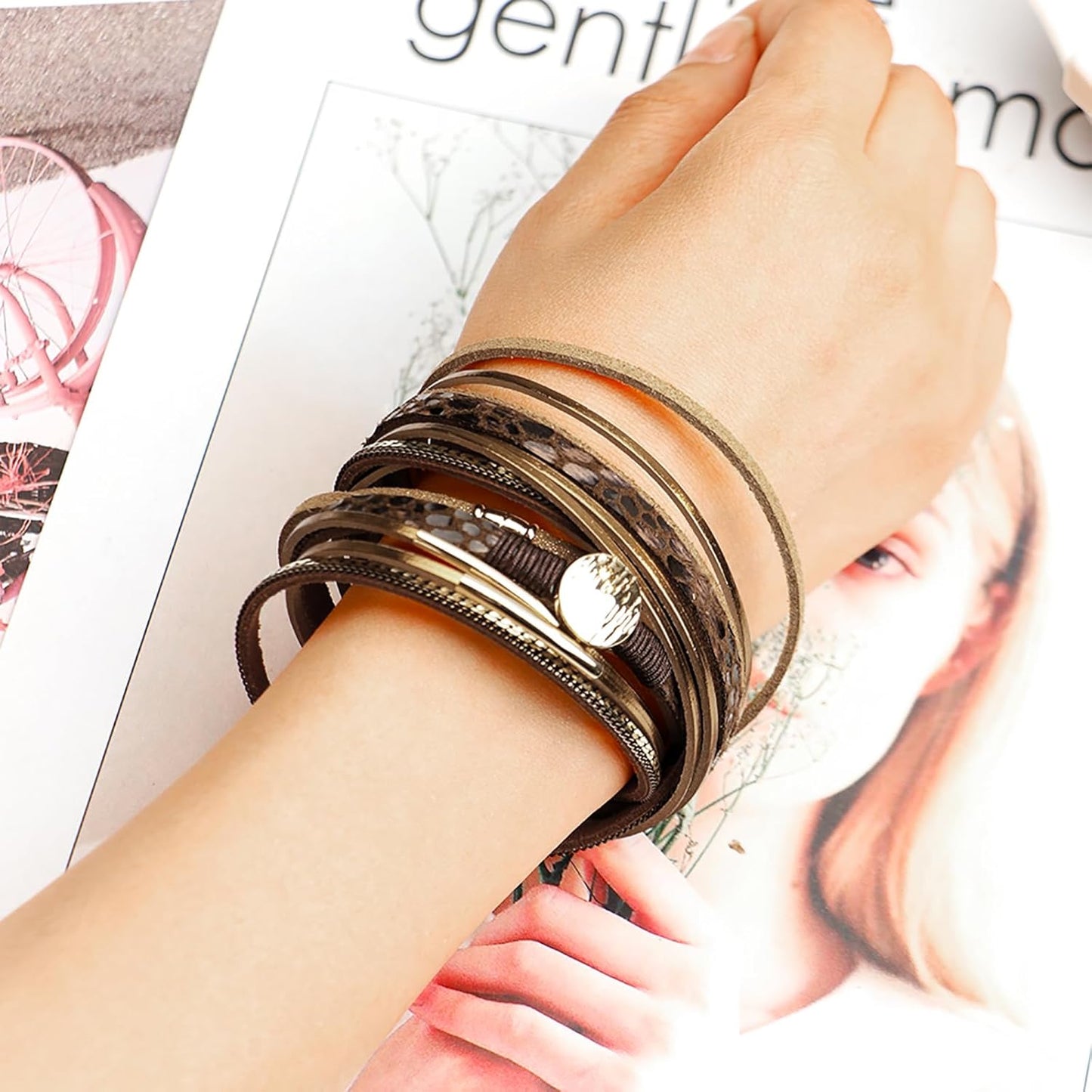 Fesciory Leopard Bracelet for Women, Boho Leather Wrap Multi-Layer Pearl Crystal Bracelet Bangle Jewelry