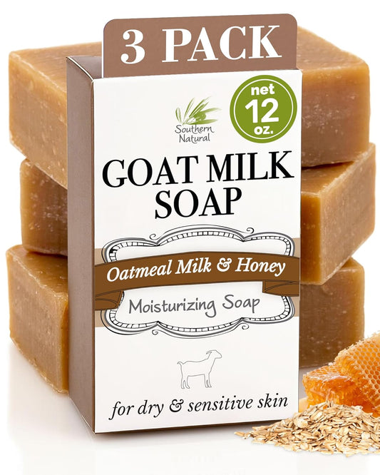 Southern Natural Goat Milk Soap Bar - Oatmeal Milk & Honey 3 Pack - For Dry Sensitive Skin. Natural, Handmade Soap For Men, Women, Kids, Face & Body