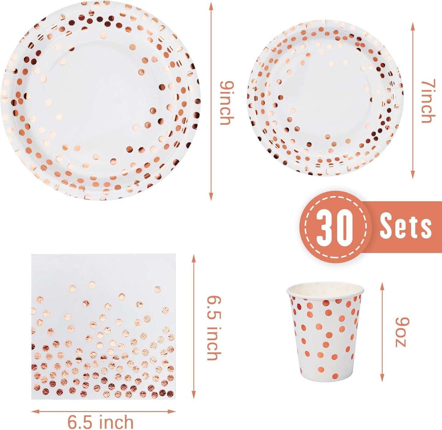 Party Supplies Set - 210 Pieces of White and Rose Gold Dot Paper Plates, Cups, Napkins, and Heavy Duty Silverware for 30 Guests for Birthdays, Graduation, Wedding, Festivals
