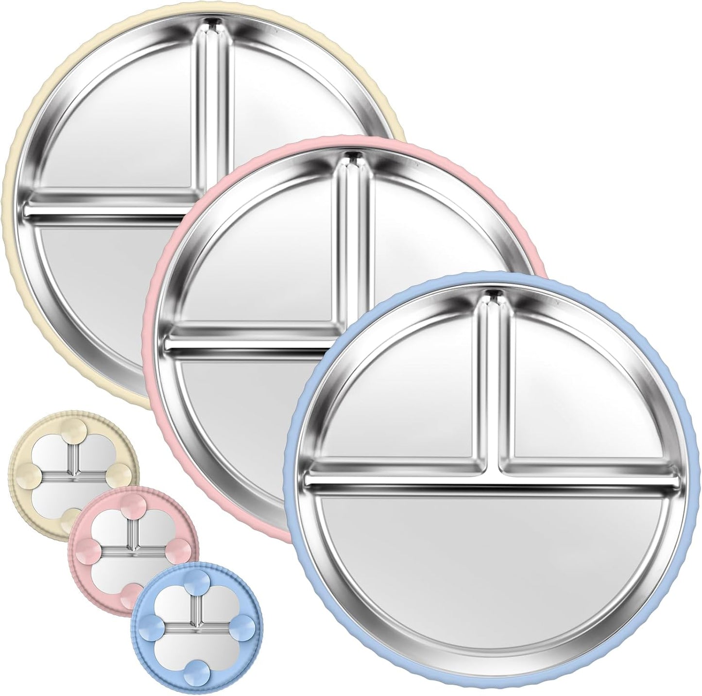 Stainless Steel Kids Plates with Suction, 3Pack 9" Divided Toddler Plates Removable Non Slip Silicone Sleeves Baby Feeding Led Weaning Supplies, BPA Free, Unbreakable Dishwasher Safe
