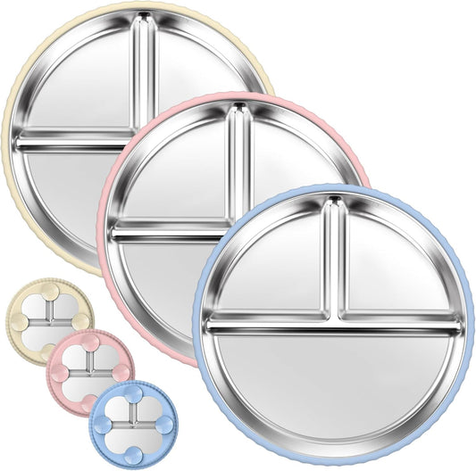 Stainless Steel Kids Plates with Suction, 3Pack 9" Divided Toddler Plates Removable Non Slip Silicone Sleeves Baby Feeding Led Weaning Supplies, BPA Free, Unbreakable Dishwasher Safe