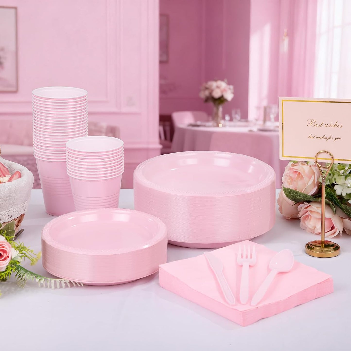 WELLIFE 210Pcs Pink Plastic Plates,Disposable Dinnerware Set,Party Supplies Including Pink plates, 12oz Cups, plastic Cutlery and Napkins Serve 30 Guests