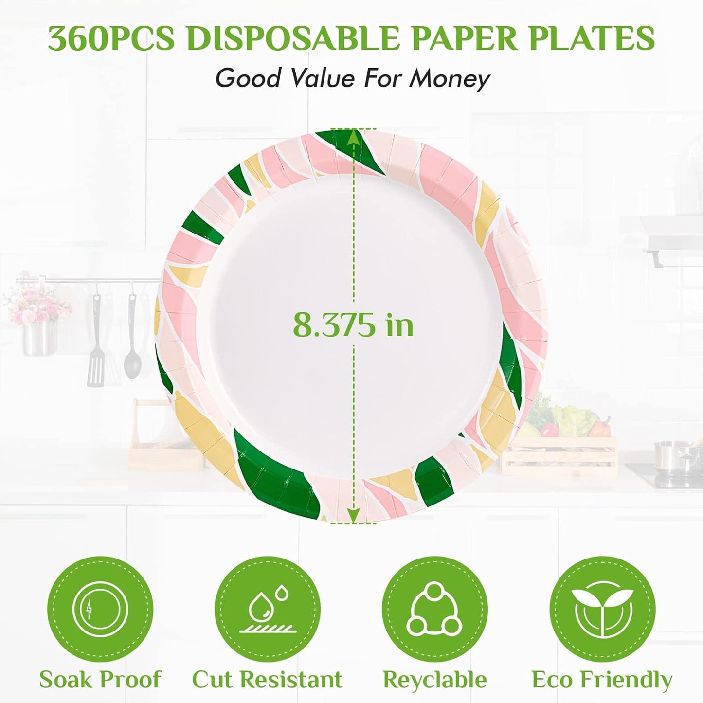 FOCUSLINE 8.375 Inch Paper Plates 360 Pack, Disposable Paper Plate Bulk 360 Count, Soak-Proof & Cut-Proof Bulk Plate for Parties, Picnic and Family Gatherings.