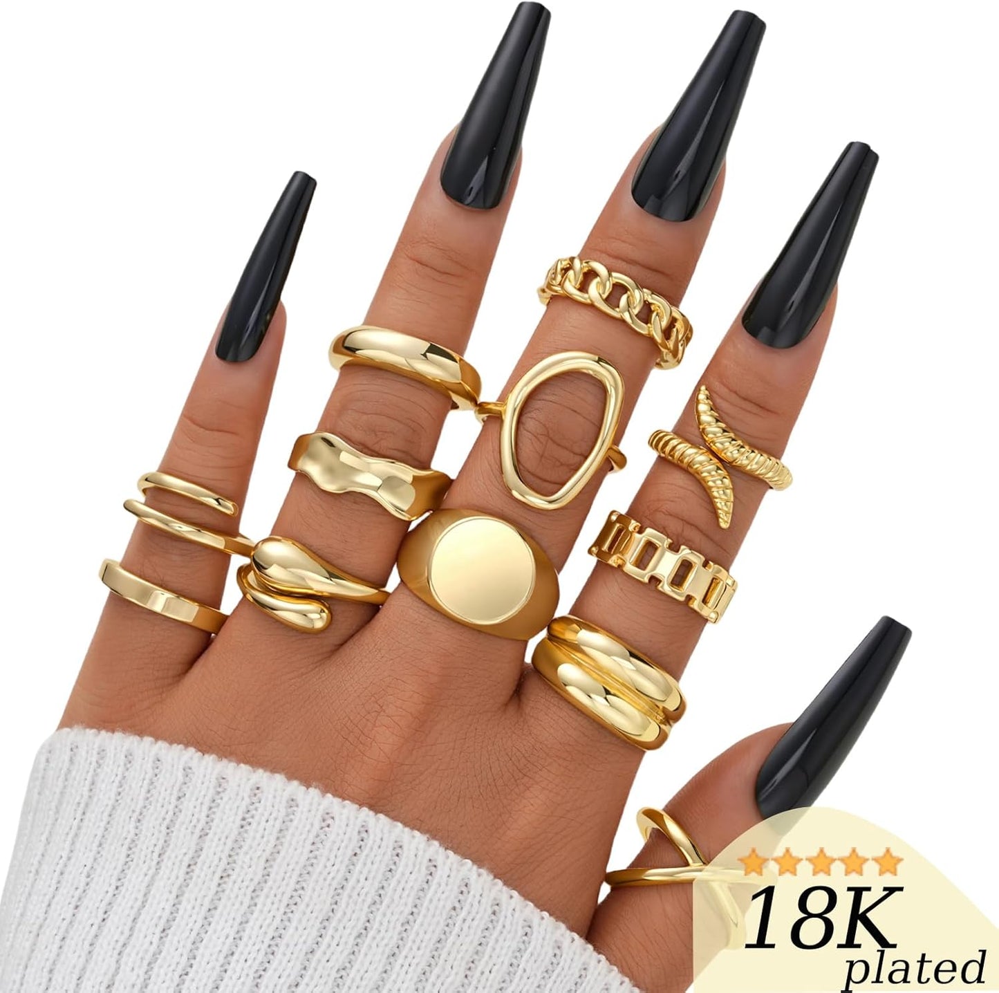 FAXHION 12PCS Gold Stackable Rings Set for Women, 18K Gold Plated Open Stacking Knuckle Ring, Adjustable Chunky Signet Band Statement Ring for Gift