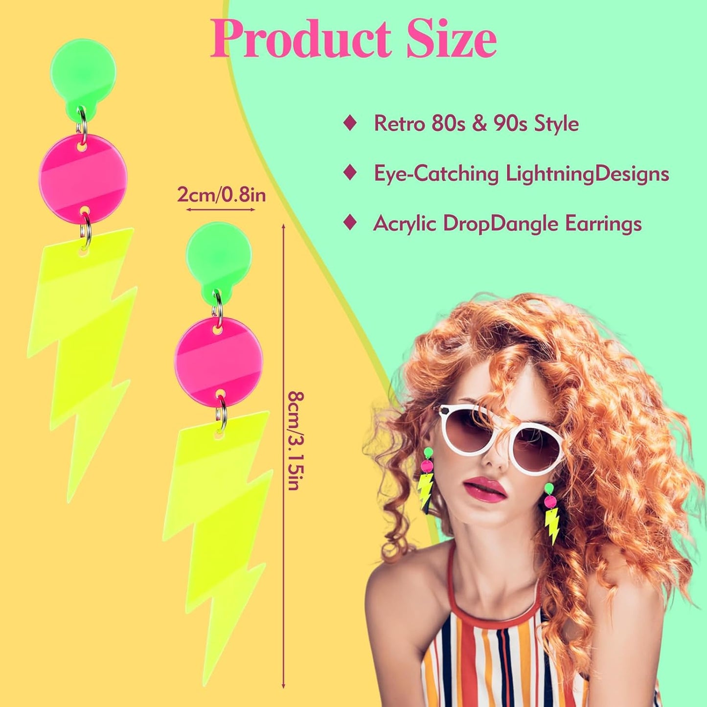 80s Neon Earrings for Women - Acrylic Lightning Bolt Drop Dangle Earrings, Retro Glow Party Accessories for 80s Outfit & Theme Parties (1 Pair)