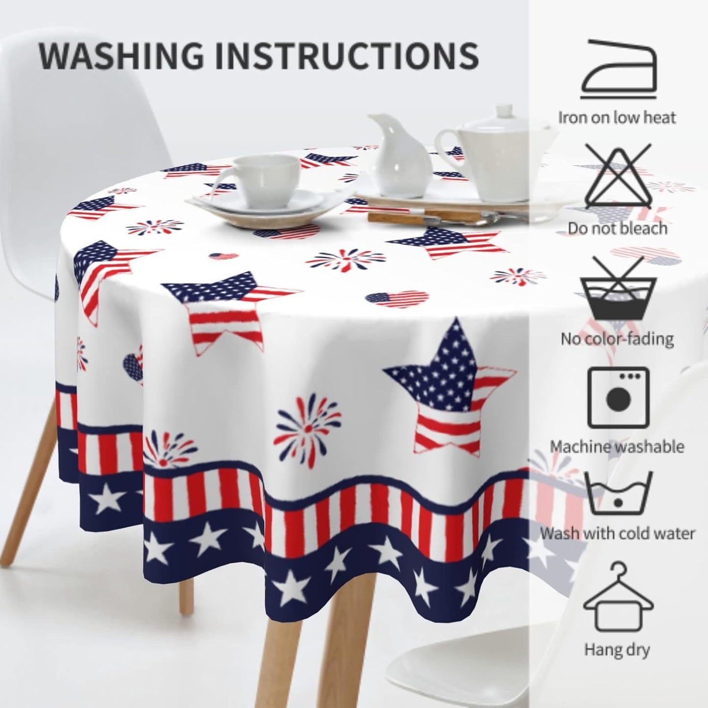 Giwawa Patriotic Round Tablecloth, 60 Inch Memorial Day USA Stars Hearts Firework Circular Table Cover for Kitchen Dinning Holiday, 4th of July American Flag Decorative Washable Table Cloth