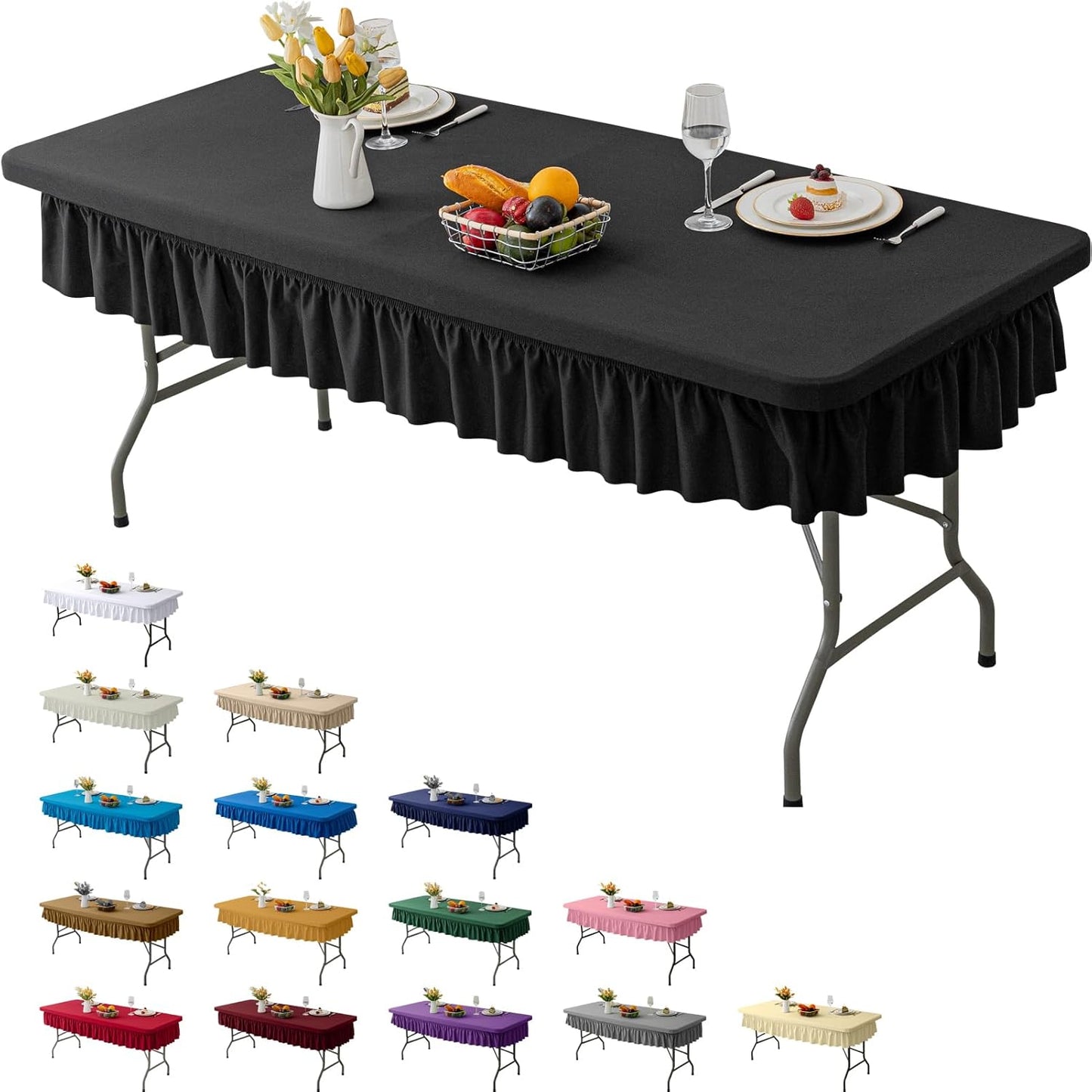 4ft Black Stretch Tablecloth for Rectangular Tables - Flared Wrap Design, Waterproof, Wrinkle-Resistant, Washable - Ideal for Weddings, Parties, Banquets & Table Protection