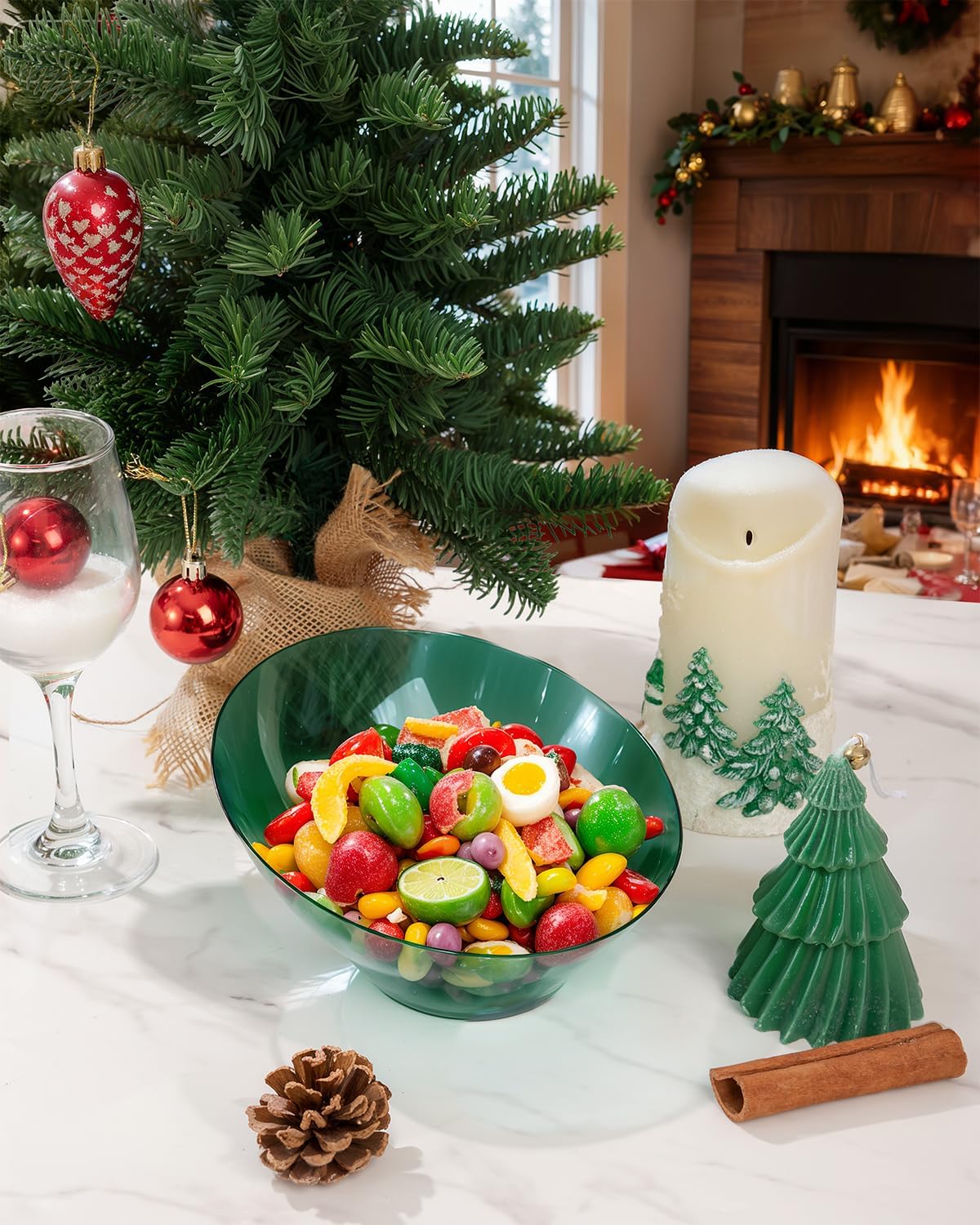 bUCLA 12 Pack Clear Green Plastic Serving Bowls - 20 OZ Christmas Angled Serving Bowls Disposable for Chip, Candy, Salad & Fruit - Ideal for X’mas Party