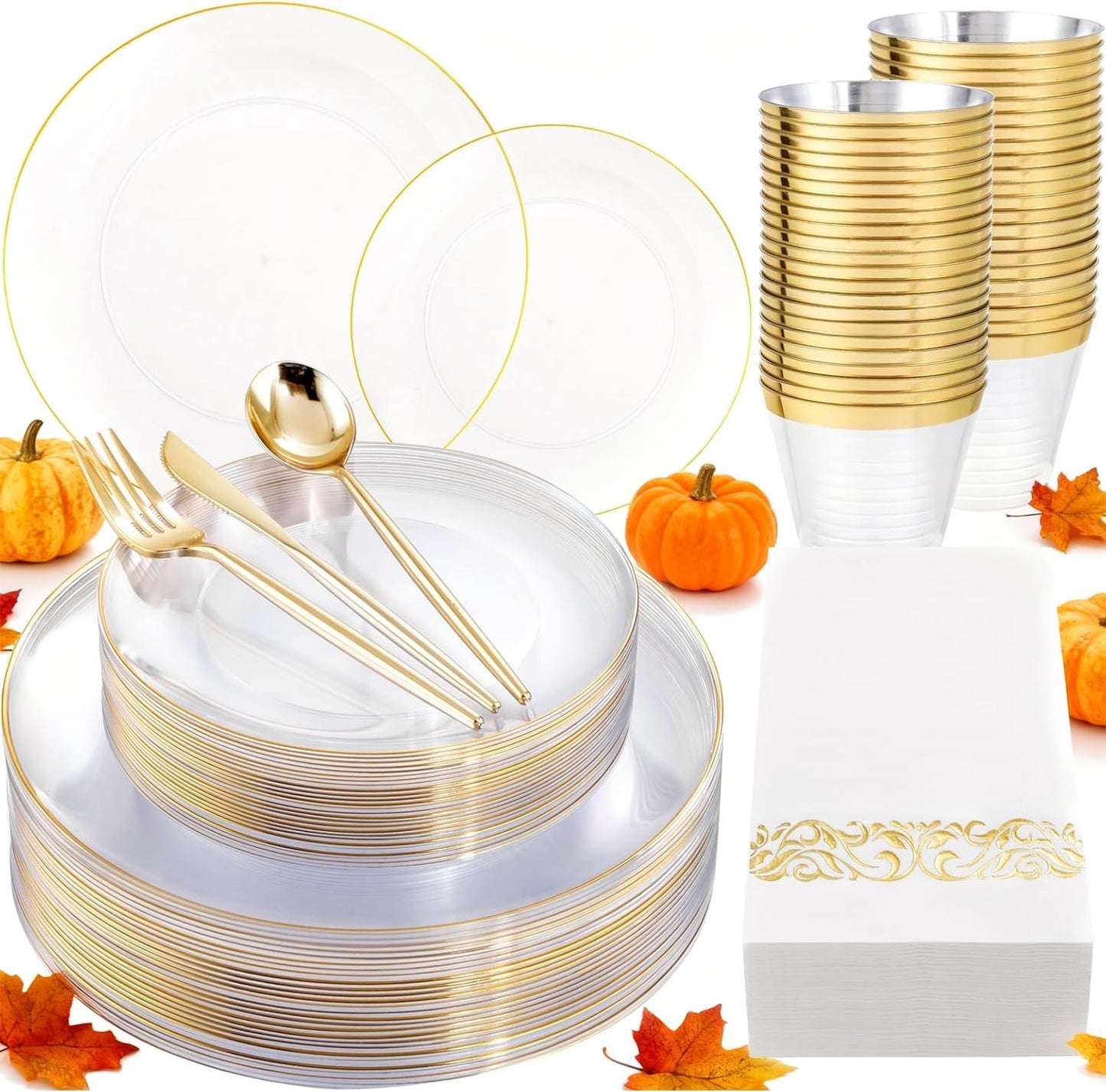 MirthMood 210Pcs Clear and Gold Plates for 30 Guests, Plastic Plates for Party, Includes:30 Dinner, 30 Dessert, 30 Paper Towels with 90 Silverware & 30 Cups