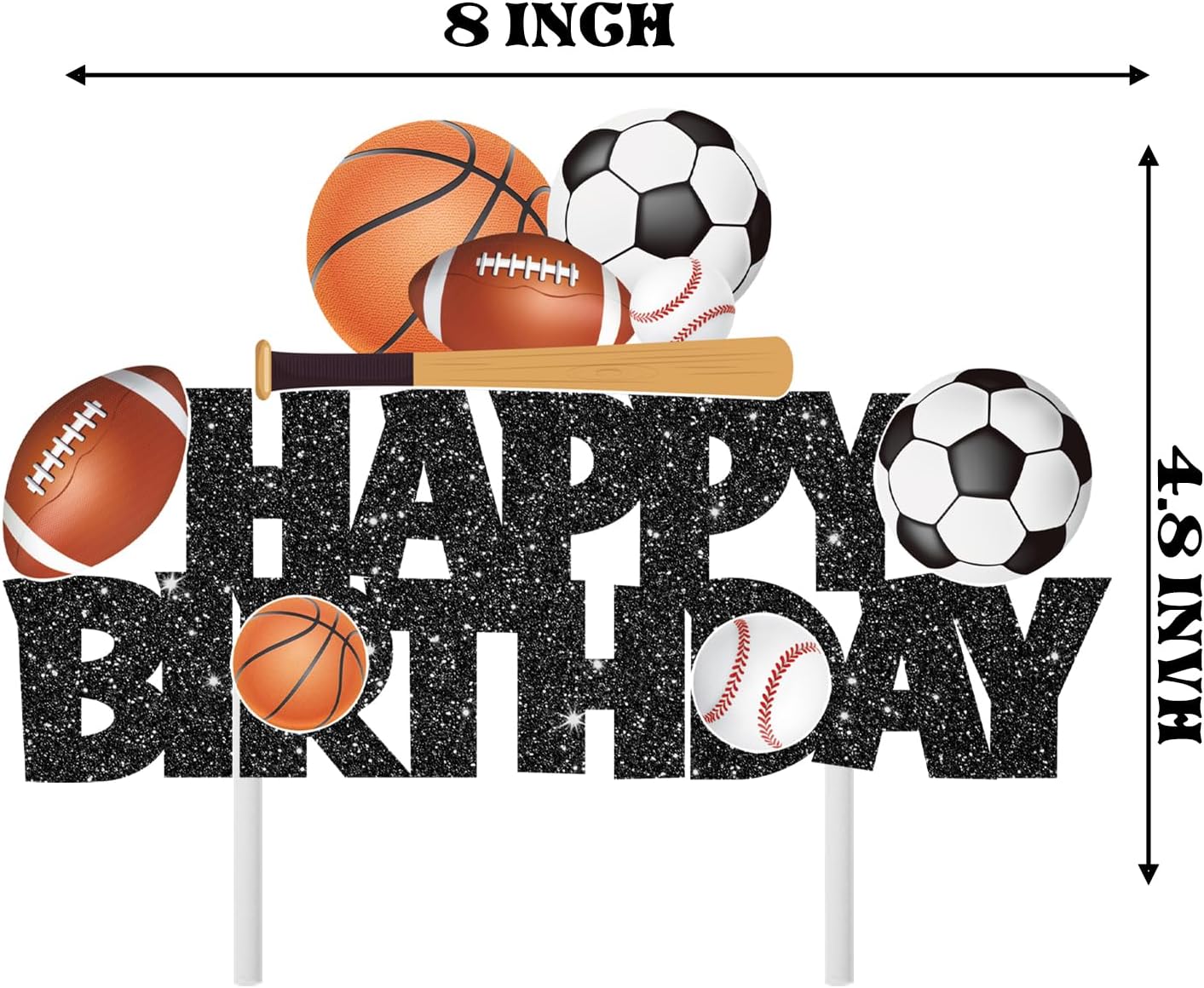 Sports Birthday Cake Toppers Baseball Cake Picks Glitter Black Football Soccer Ball Cake Decorations Rugby Basketball Birthday Decorations for Sports Balls Theme Boys Men Baby Shower Party Supplies