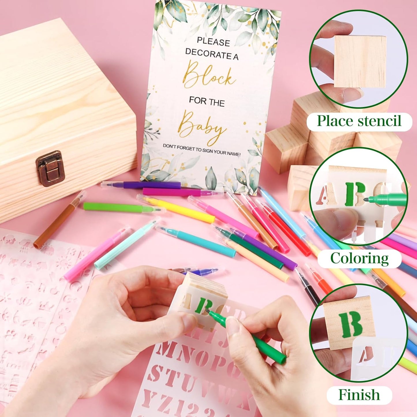 Draupnir 92 Pcs Fun Baby Shower Games Sign Kit Babies Coloring Blocks for Baby Shower, Wooden DIY Blank Blocks Freehand Painting with 36 Paint Markers