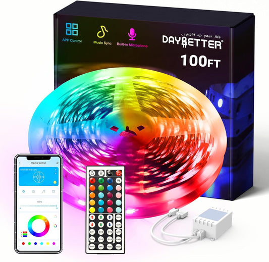 DAYBETTER Smart RGB Led Strip Lights, 100ft Led Lights for Bedroom with App Control, Multicolor Changing Led Light Strips Apply for Home Decor, Living Room, Kitchen, Home Party Decoration