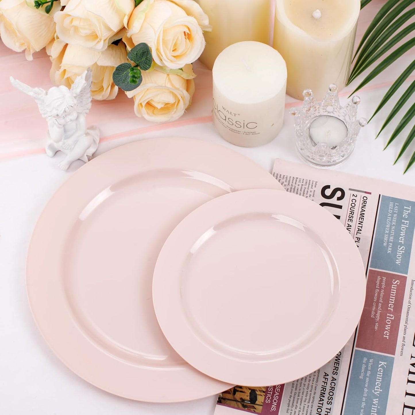 FLOWERCAT 100PCS Pink Plastic Plates - Heavy Duty Pink Party set Disposable serve for 50 guests -10 inch Dinner + 7 inch Dessert/Salad Plates for Easter,Birthday Party,Mother's Day