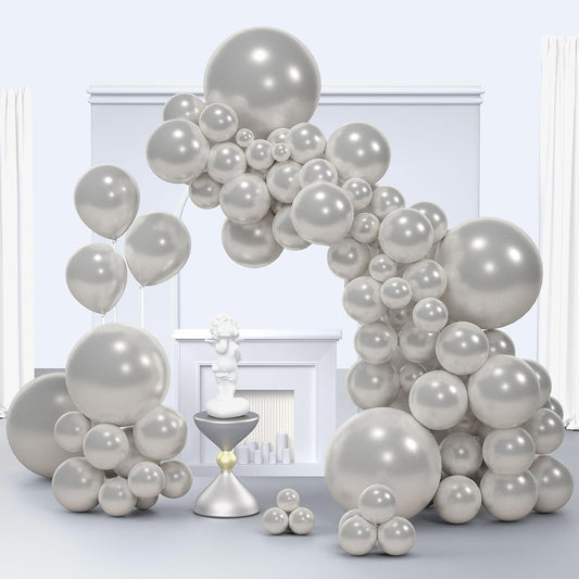 Pearl Silver Balloons, 150 pcs Different Sizes Pack of 18 Inch 12 Inch 10 Inch 5 Inch Shimmery Silver Balloons for Balloon Garland Balloon Arch as Birthday Party Wedding Decorations