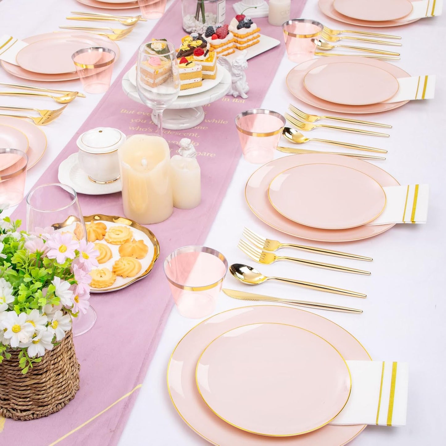 MirthMood 210PCS Pink Plastic Plates with Gold Rim – Plastic Plates Set Includes 30 Dinner,30 Dessert Plate,30 Cup&30 Napkins 90 Gold Silverware for Wedding Birthday Parties & Baby Shower