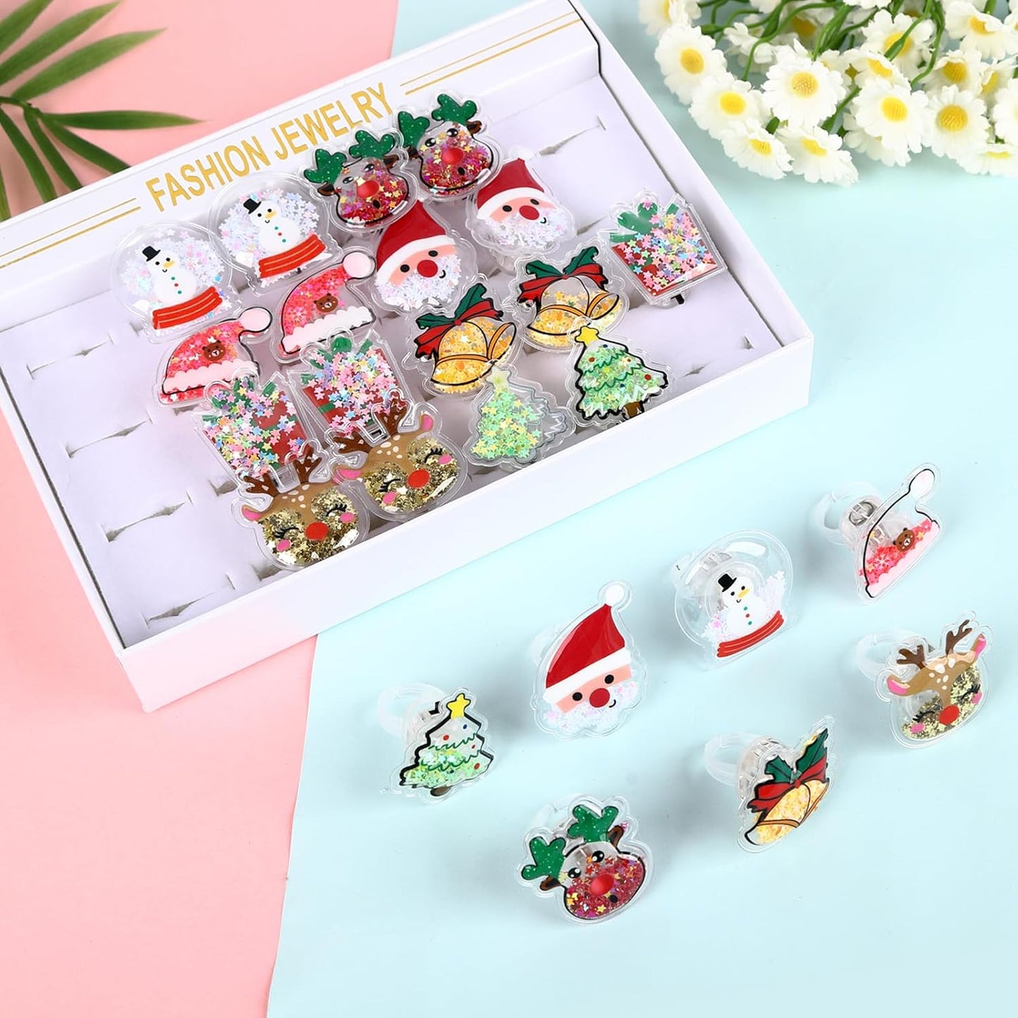 TUWUNA Christmas Party Favors 24 Pcs Glitter Christmas LED Light Up Rings Glowing Finger Rings Toys for Party Supplies Classroom Prizes Pinata Goodie Bag Stocking Stuffers Gifts