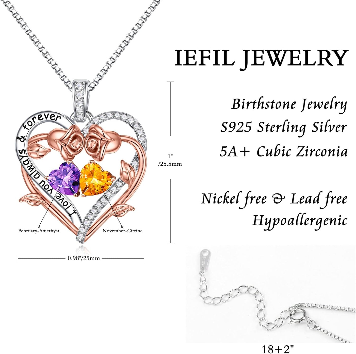 Iefil Rose Heart Double Birthstone Necklace Gifts for Wife Her Mom Women, Birthstone Jewelry Gemstone Birthday Gifts for Girlfriend Grandma Her Wife Women