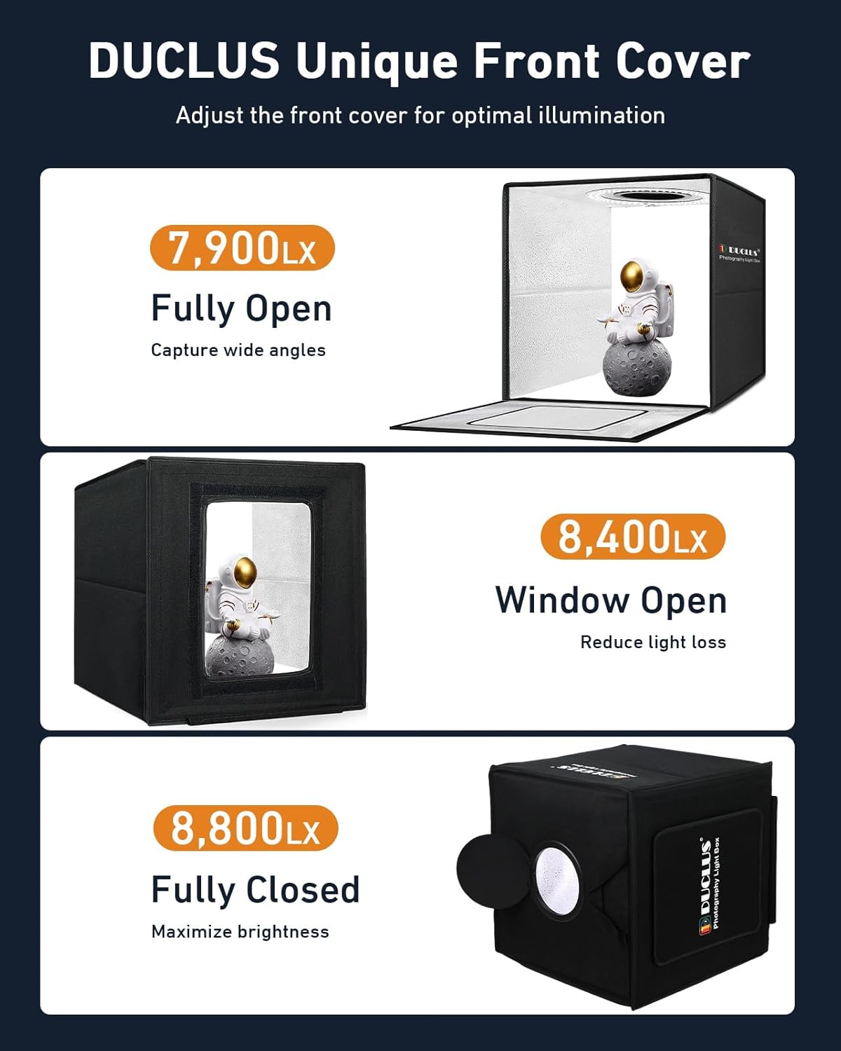 DUCLUS Light Box Photography, 12"x12" Professional Photo Booth Box with 8 Photo Backdrop, 120 LED Lights Dimmable & high CRI>95 Lightbox for Mini Product Photography: Jewelry, Miniature Models etc.