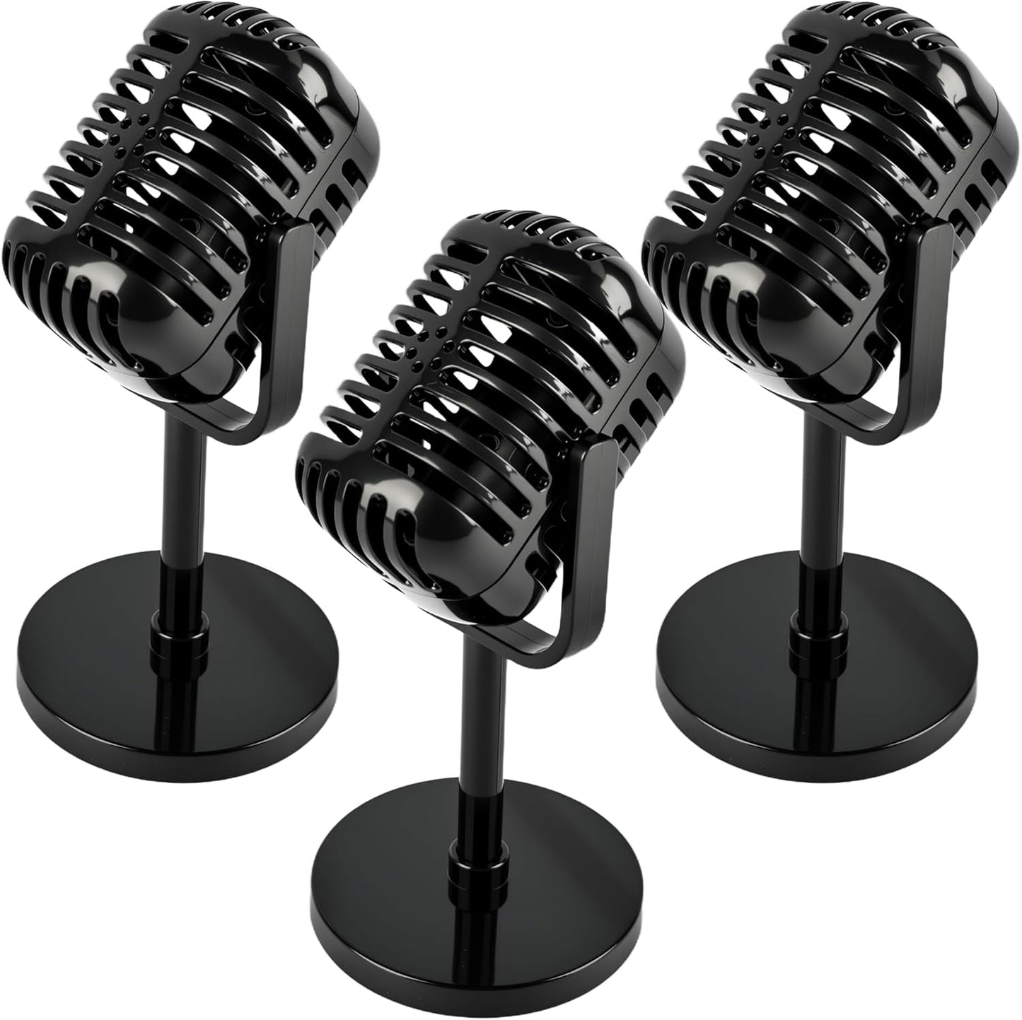 3 Pack Retro Microphone Props Model with Stand Plastic Fake Antique Microphone Stage Table Decor for Classic Party Decoration Costume Prop Pretend Play (Black)
