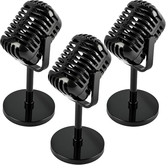 3 Pack Retro Microphone Props Model with Stand Plastic Fake Antique Microphone Stage Table Decor for Classic Party Decoration Costume Prop Pretend Play (Black)