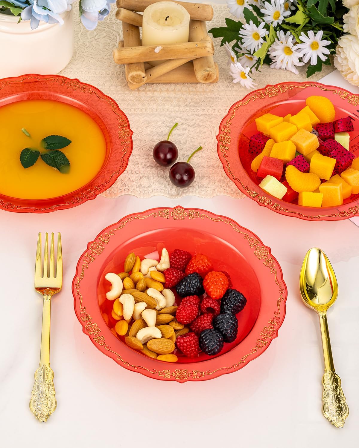 100 Pack Clear Red Plastic Bowls with Gold Rim, 12oz Plastic Salad Bowl, Disposable Bowls for Party, Dinners, Weddings, Christmas, Thanksgiving