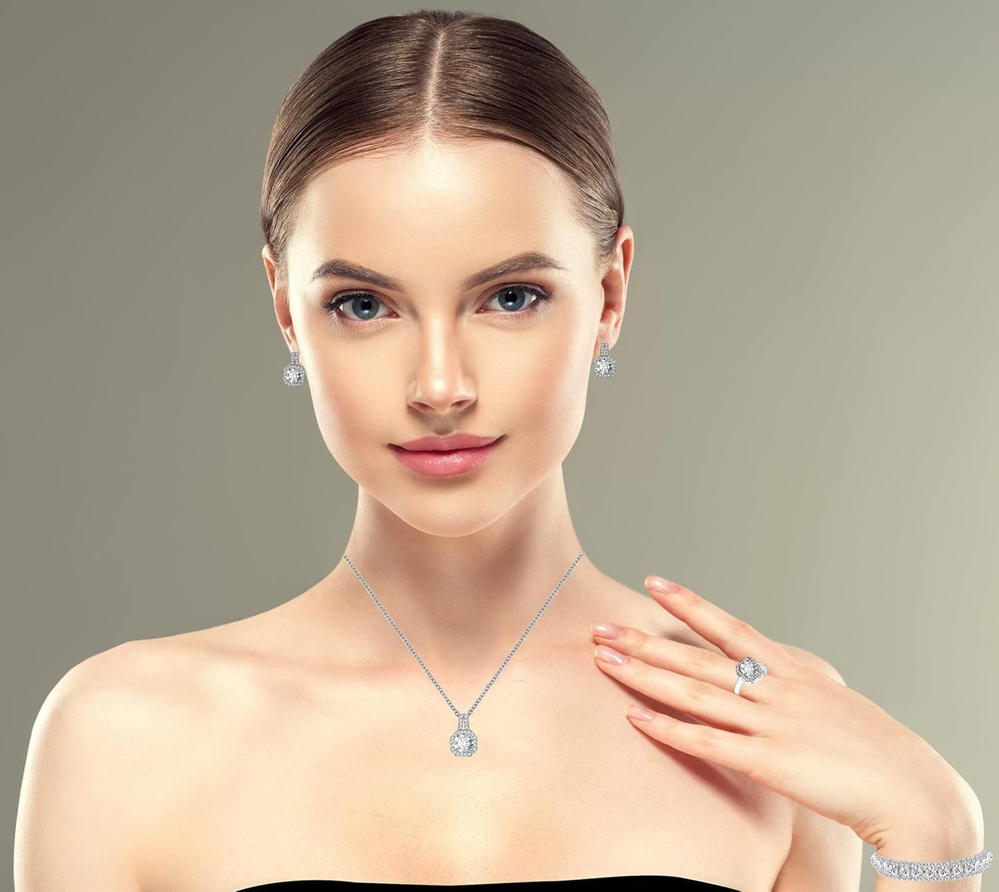 4pcs Cubic Zirconia Wedding Jewelry Sets for Bride Bridesmaid Cubic Zirconia Pendant Necklace Earrings Link Tennis Bracelet Open Ring Set for Women