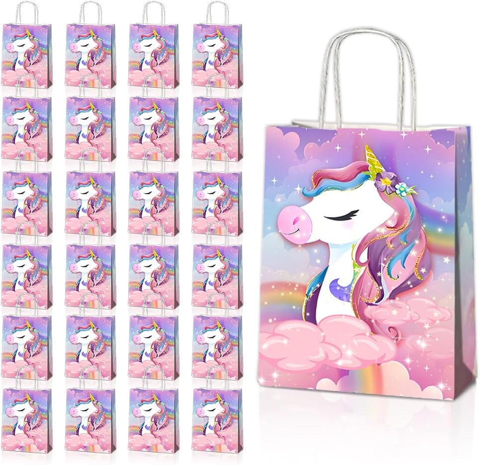 JOYGATHER 24 Pcs Unicorn Party Favor Bags with Handles - Unicorn Goodie Bags Gift Bags. Rainbow Theme Candy Bags, Kraft Paper Bags for Birthday Party Supplies, and Baby Shower Decorations